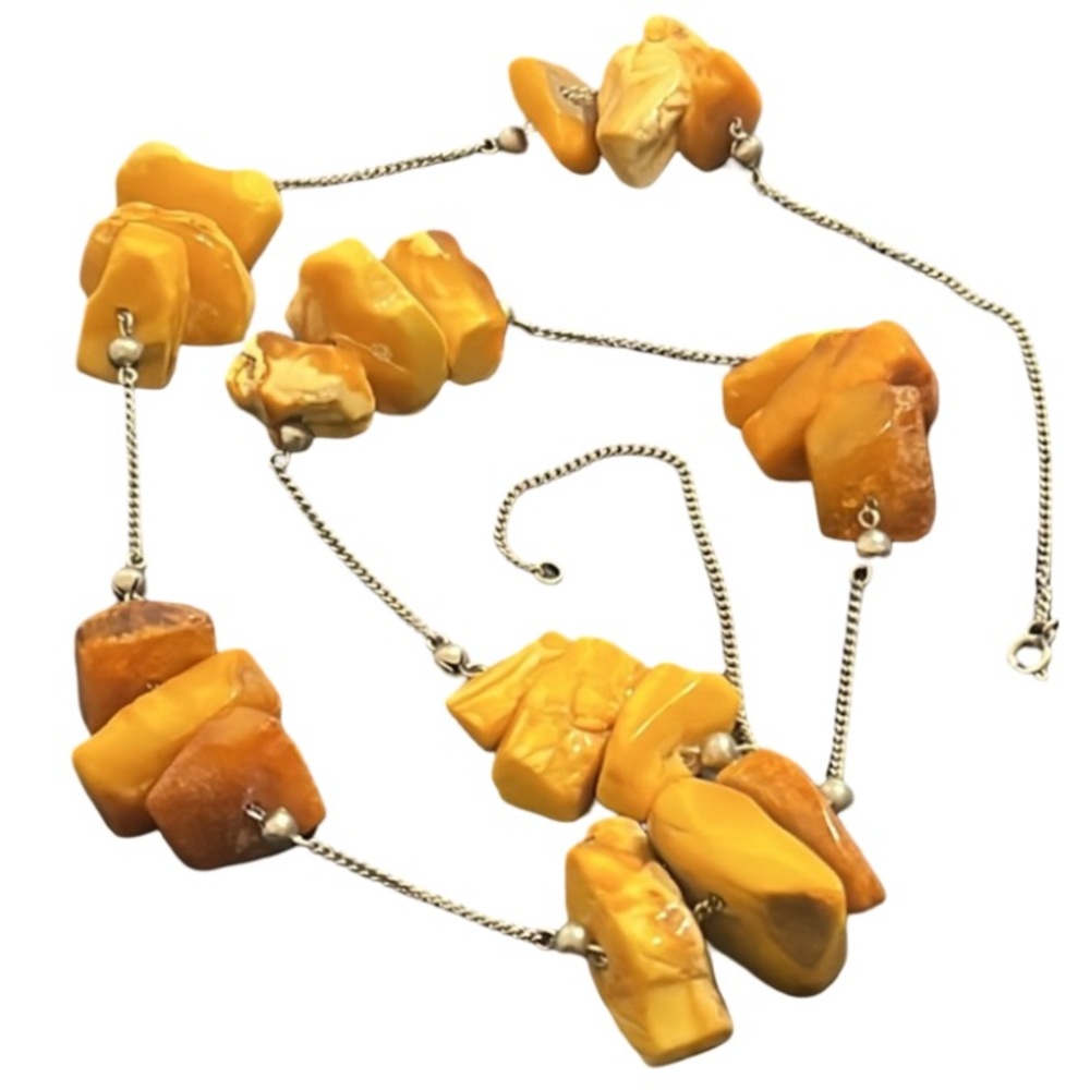 Vintage Genuine Amber Chunky Gemstone Chip Beaded Station Chain Necklace